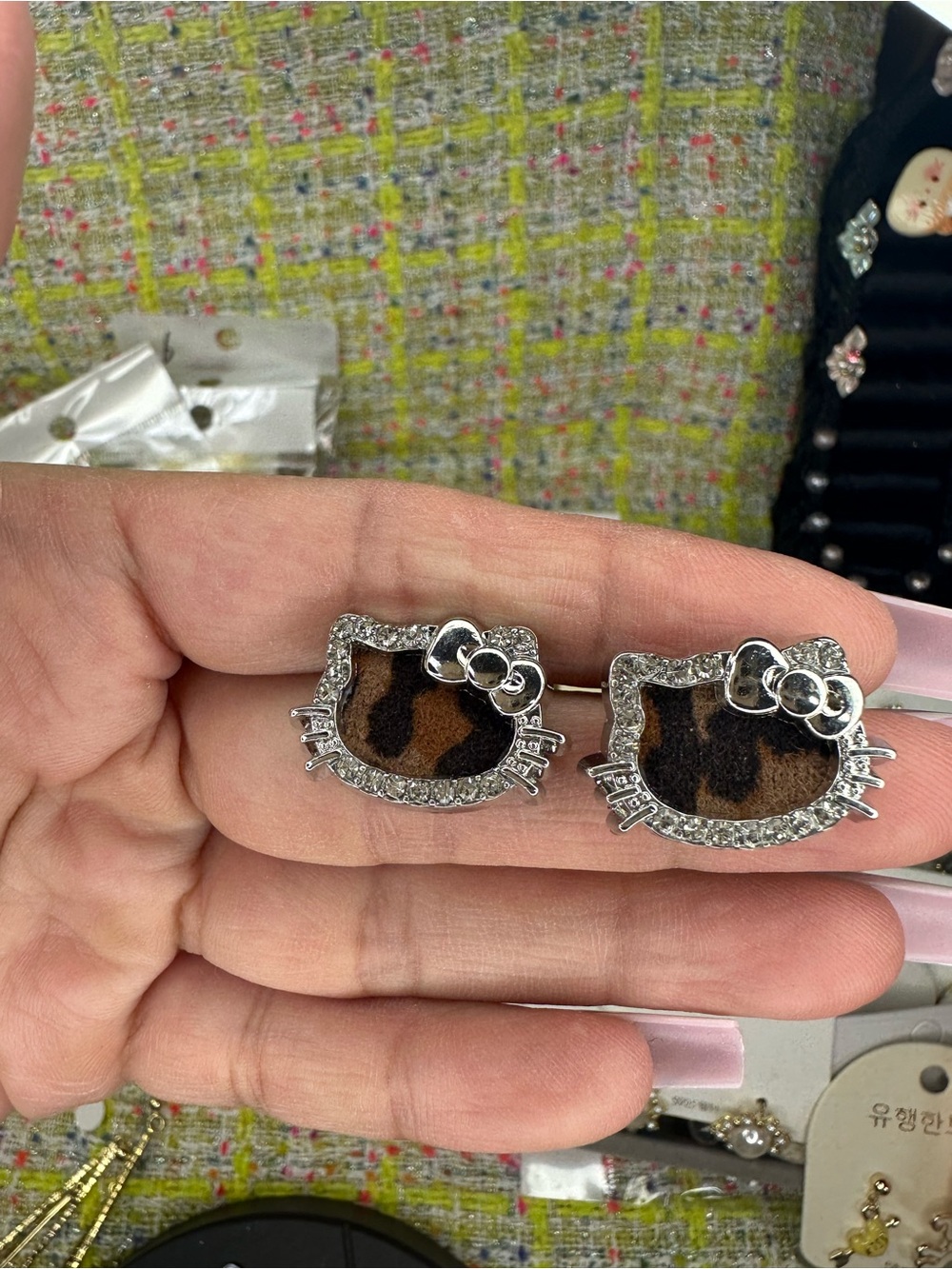 Hello Kitty Leopard and bear Crystal Stud Earrings - Brown and Silver 2 pairs